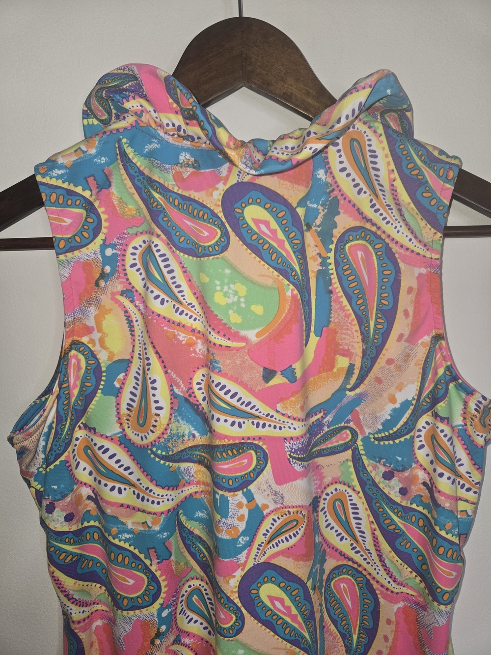 Lulu-B Vibrant Pink, Blue & Green Paisley Ruffle Cowl Neck Top Wrinkle Proof - S - Picture 4 of 9